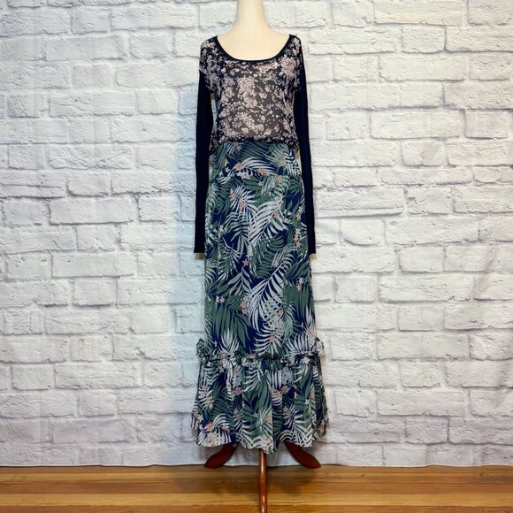 Walter Baker Navy Blue Floral Palm Print Tiered Maxi Skirt - Picture 5 of 9